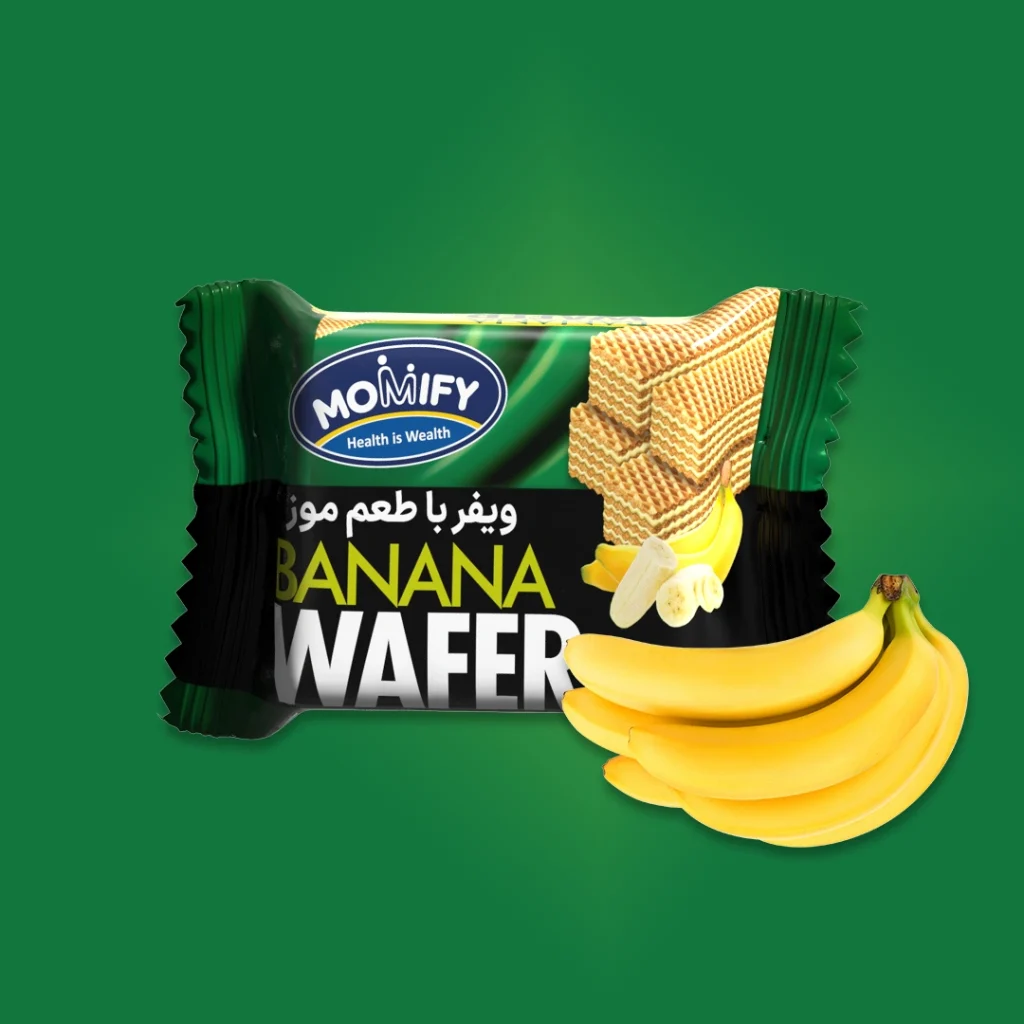 ویفر 40 گرمی موزی  Momify محصولات شکرشکن مازندران ، انواع بیسکویت غلات ، دایجستیو ، تزئینی و کرمدار ، انواع ویفر با طعم های متنوع و دلنشین با برند مامی فای Momify